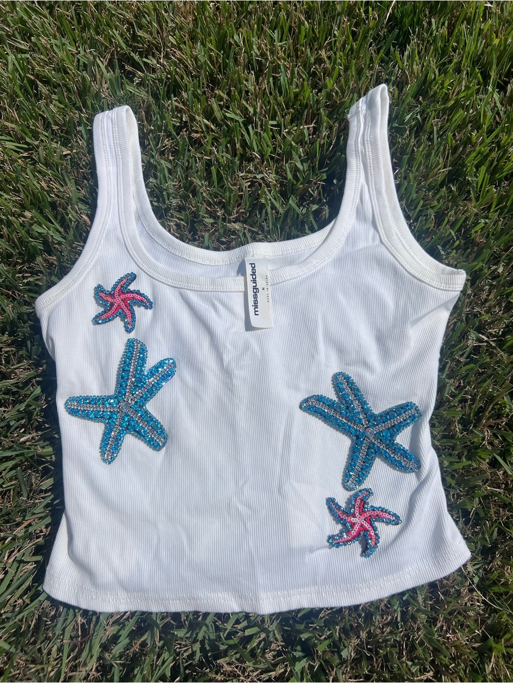 Missguided White Ribbed Crop Tank Top Starfish Embellished Size M